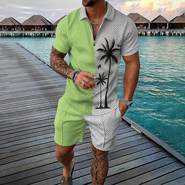 Men’s Polo Shirt and Shorts Set with Smile Face Print and Zipper