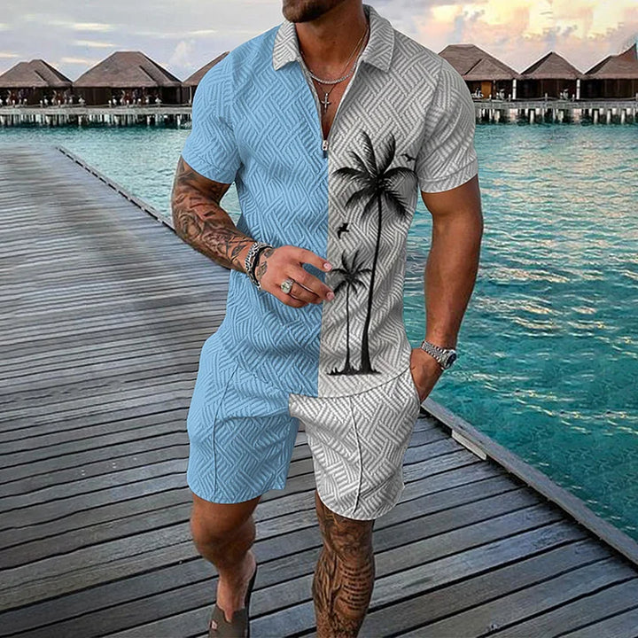 Men’s Polo Shirt and Shorts Set with Smile Face Print and Zipper