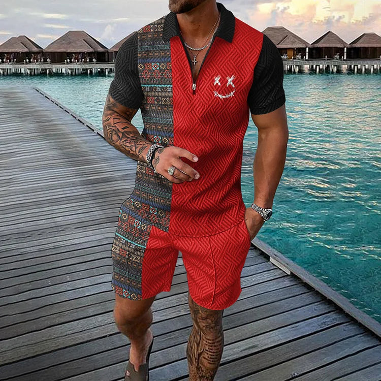 Men’s Polo Shirt and Shorts Set with Smile Face Print and Zipper Closure