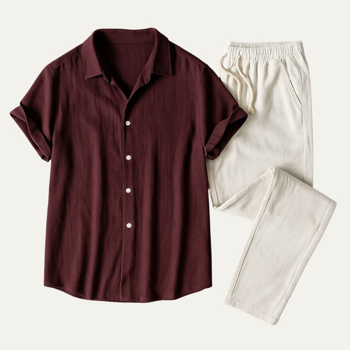 Mens Set with Short Sleeve Shirt and Drawstring Trousers