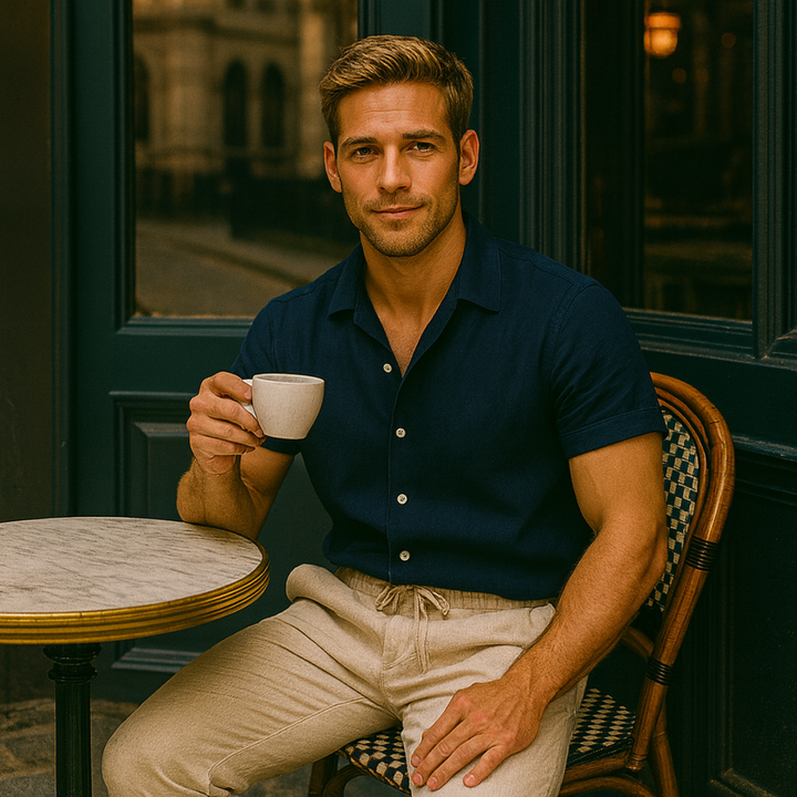 Mens Set with Short Sleeve Shirt and Drawstring Trousers