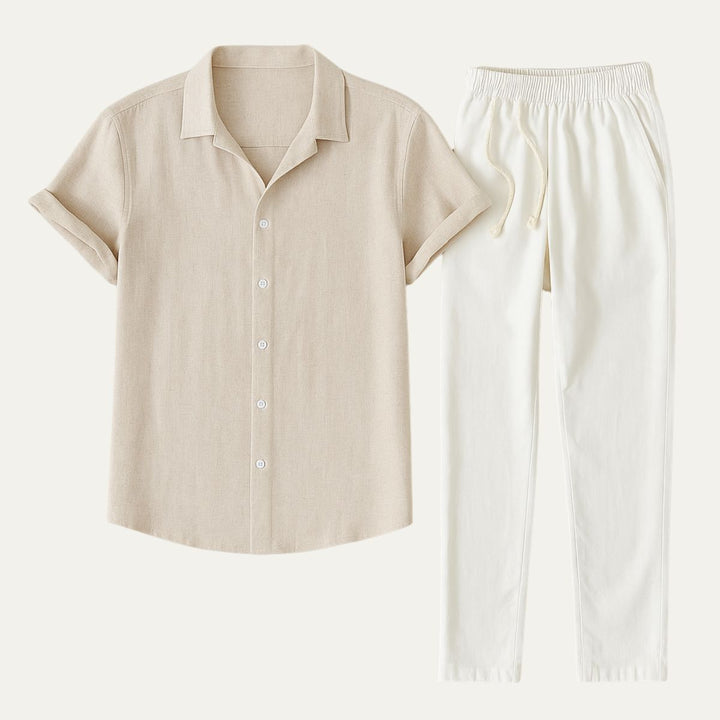 Mens Set with Short Sleeve Shirt and Drawstring Trousers