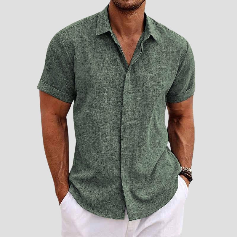 Mens Short Sleeve Shirt with Lapel Collar and Button Closure