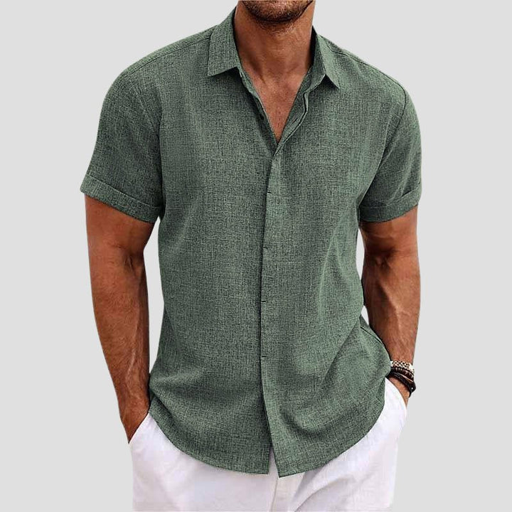 Mens Short Sleeve Shirt with Lapel Collar and Button Closure