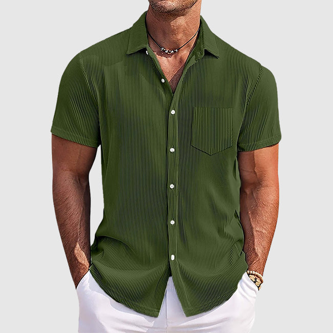 Mens Striped Short Sleeve Shirt with Turn‑Down Collar and Chest Pocket