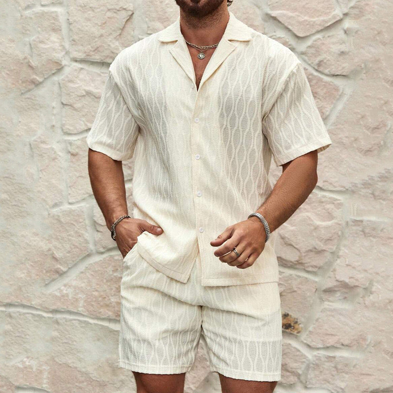Men’s Summer Outfit Set with Button Shirt and Elastic Shorts