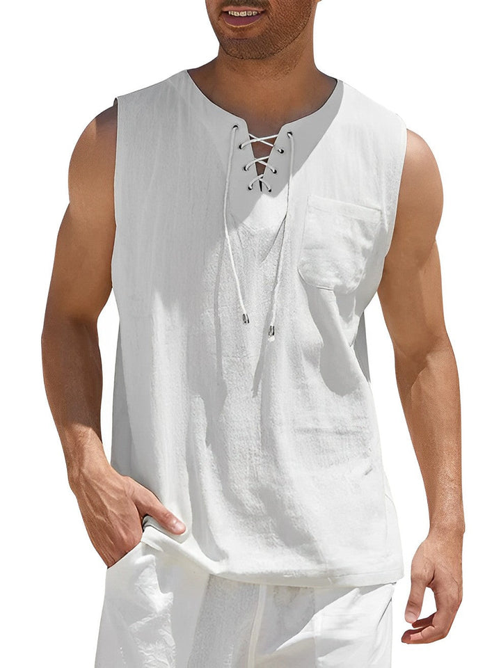 Men’s Summer Tank Top with Lace-Up V-Neck and Loose Fit