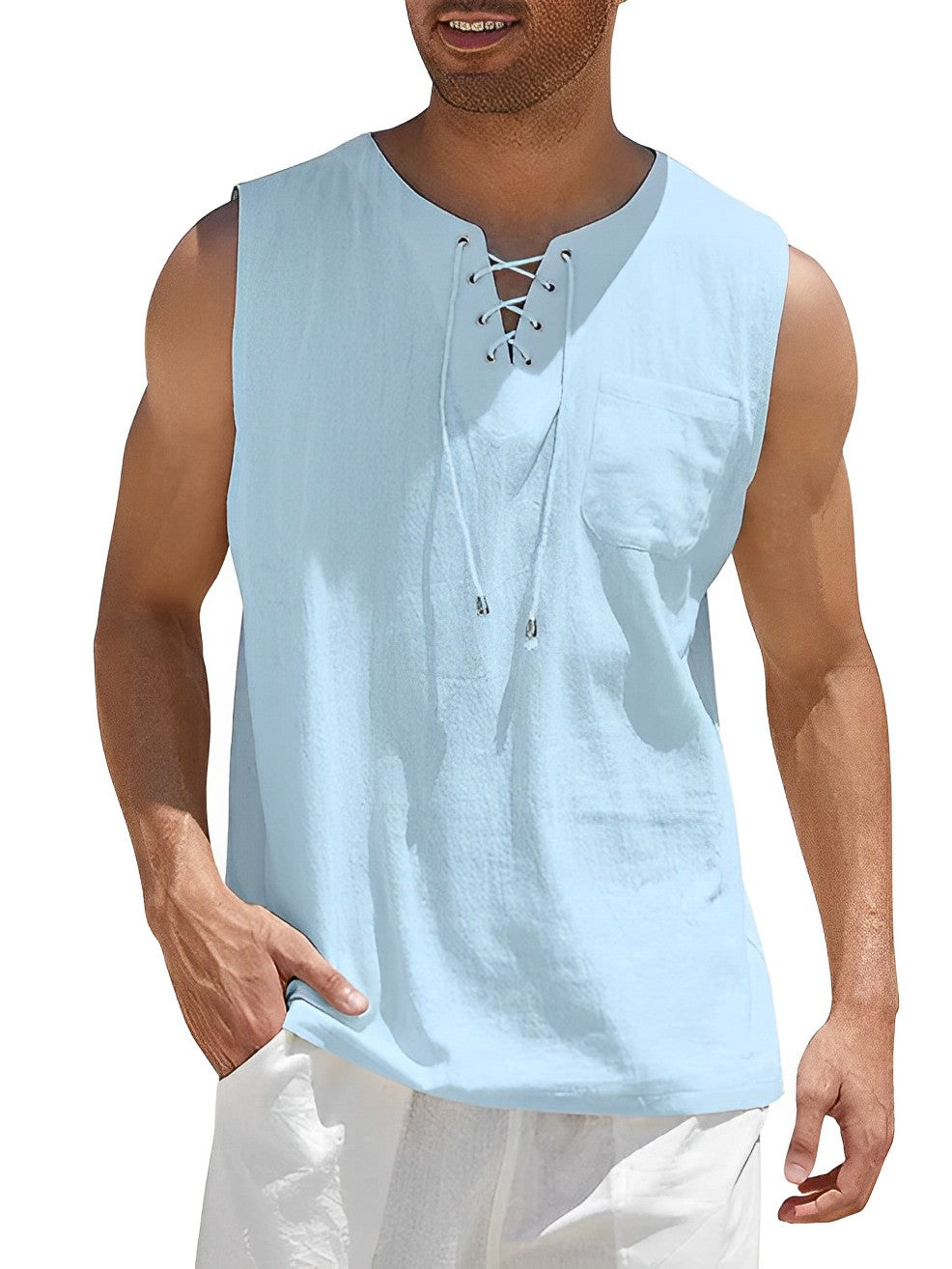 Men’s Summer Tank Top with Lace-Up V-Neck and Loose Fit