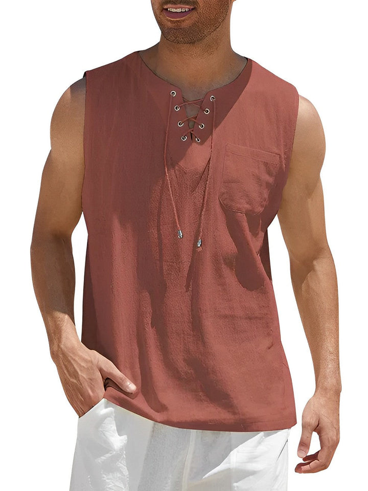 Men’s Summer Tank Top with Lace-Up V-Neck and Loose Fit