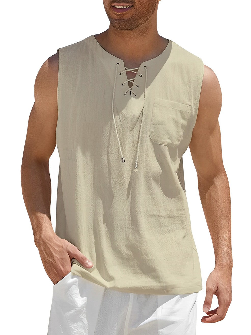 Men’s Summer Tank Top with Lace-Up V-Neck and Loose Fit