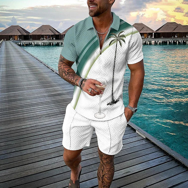Men’s Tropicana Polo Shirt and Shorts Set with Smile Face Print and Color Block Design