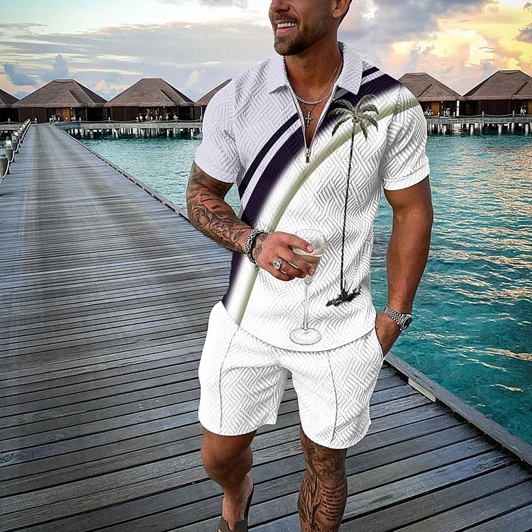 Men’s Tropicana Polo Shirt and Shorts Set with Smile Face Print and Color Block Design
