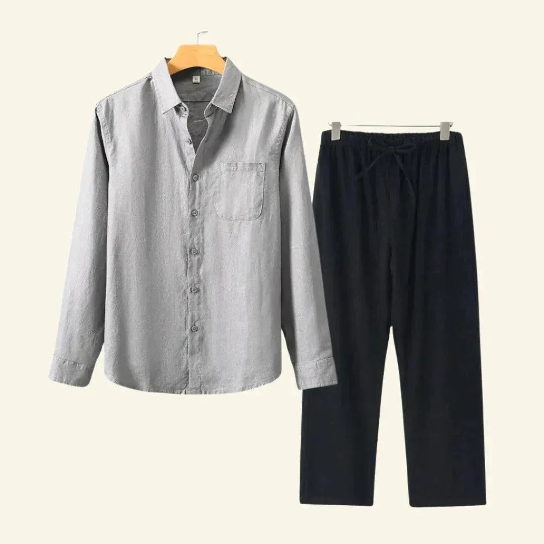 Men’s Two-Piece Set with Button Shirt and Side Pockets