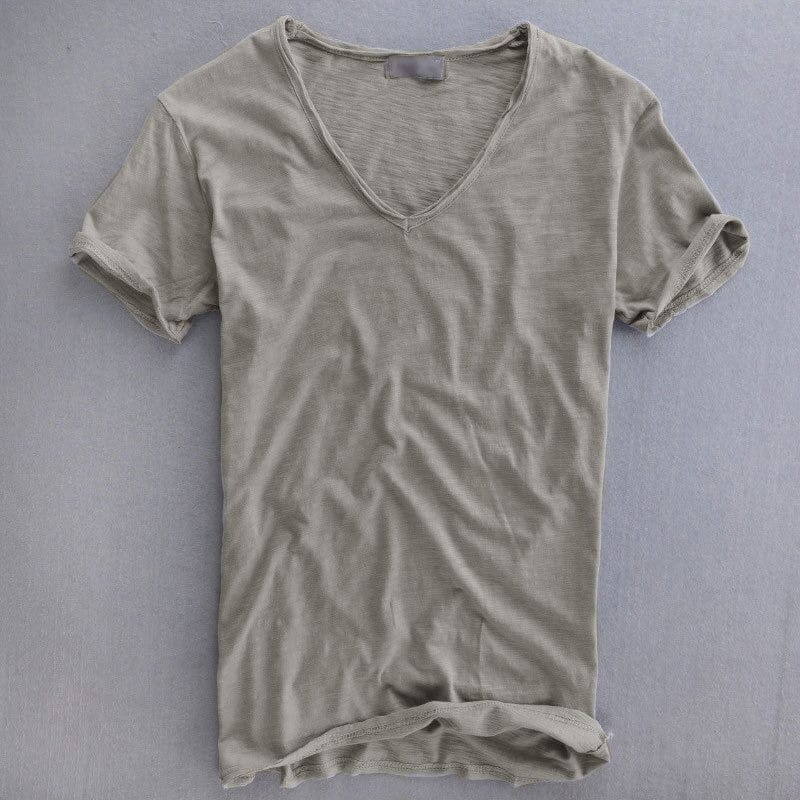 Men’s V-Neck T-shirt with Short Sleeves and Stitched Hem