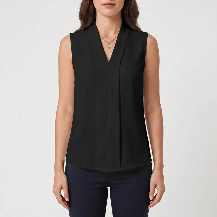 Plissara - Sleeveless Pleated V-Neck Blouse