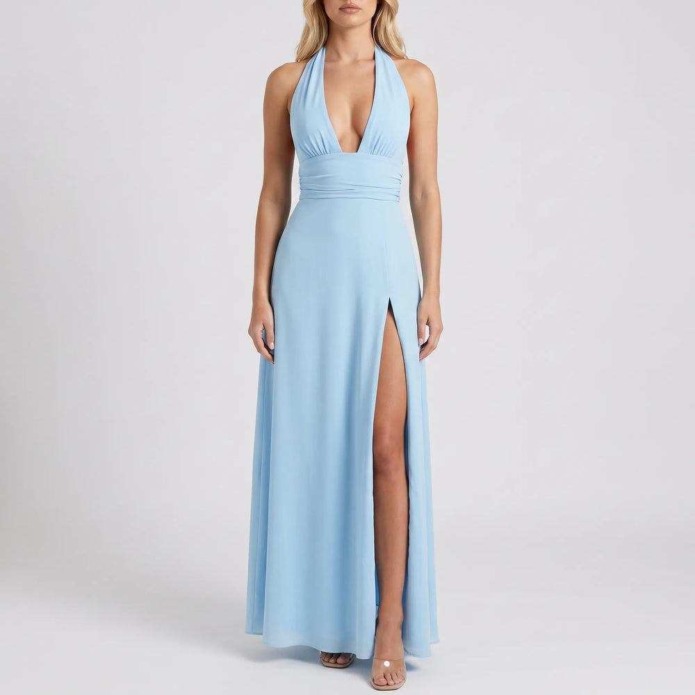 Plunara - Plunge Neckline Halter Maxi Dress