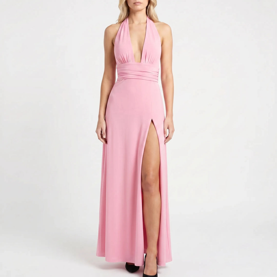 Plunara - Plunge Neckline Halter Maxi Dress
