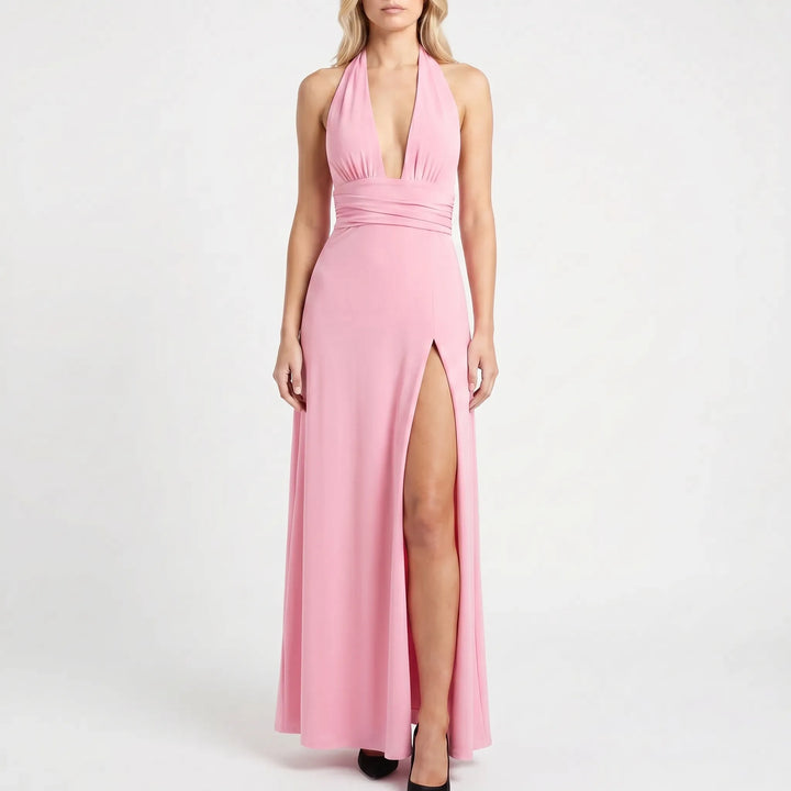 Plunara - Plunge Neckline Halter Maxi Dress