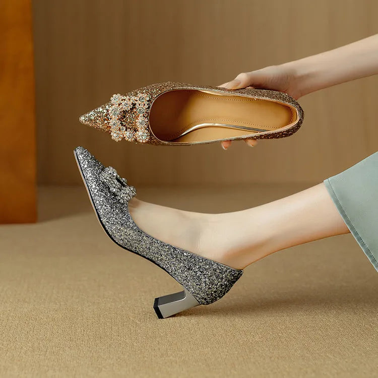 Stella | Women's Glitter Block Heel Pumps Pointed Toe Crystal Buckle