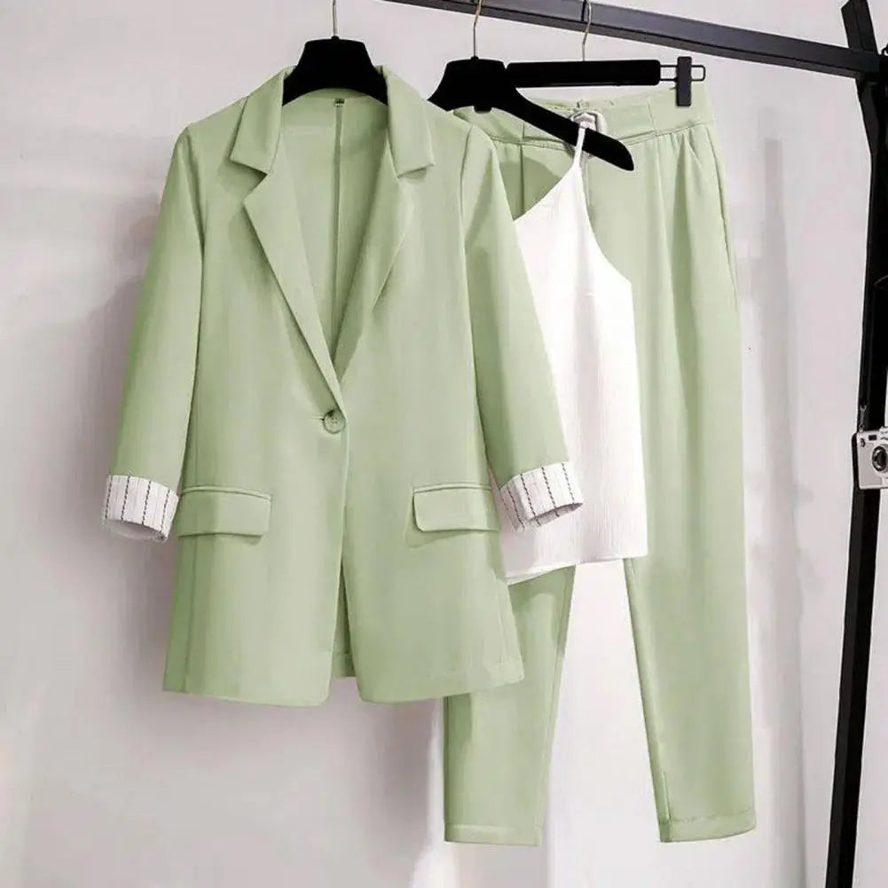 Women’s Three-Piece Blazer Set with Sleeveless Top and Tailored Trousers
