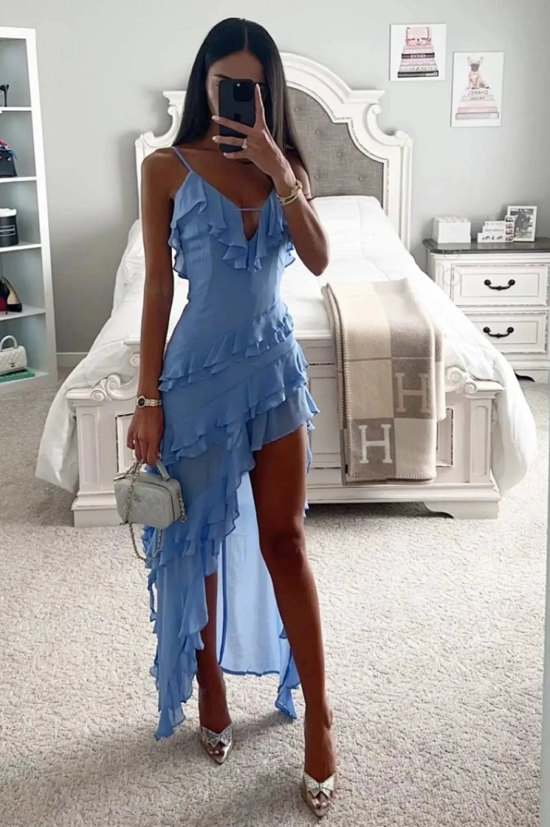 Women’s Spaghetti Strap Dress with Ruffles and Asymmetrical Hemline