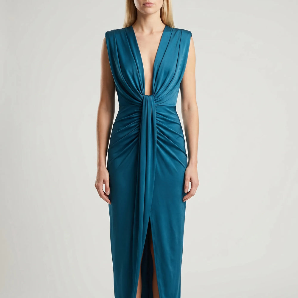 Velanthra - Pleated Midi Dress With Deep V-Neckline