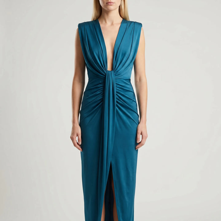 Velanthra - Pleated Midi Dress With Deep V-Neckline