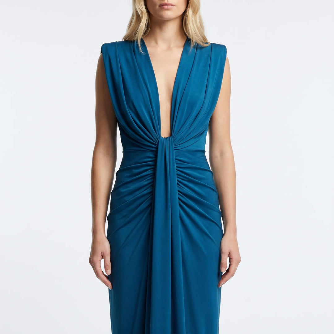 Velanthra - Pleated Midi Dress With Deep V-Neckline