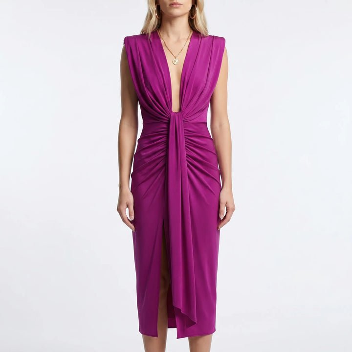 Velanthra - Pleated Midi Dress With Deep V-Neckline