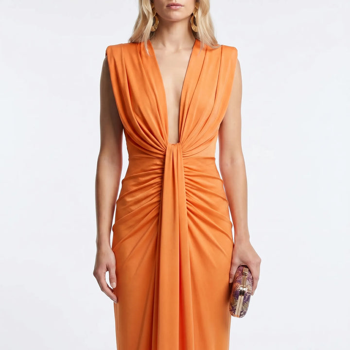 Velanthra - Pleated Midi Dress With Deep V-Neckline