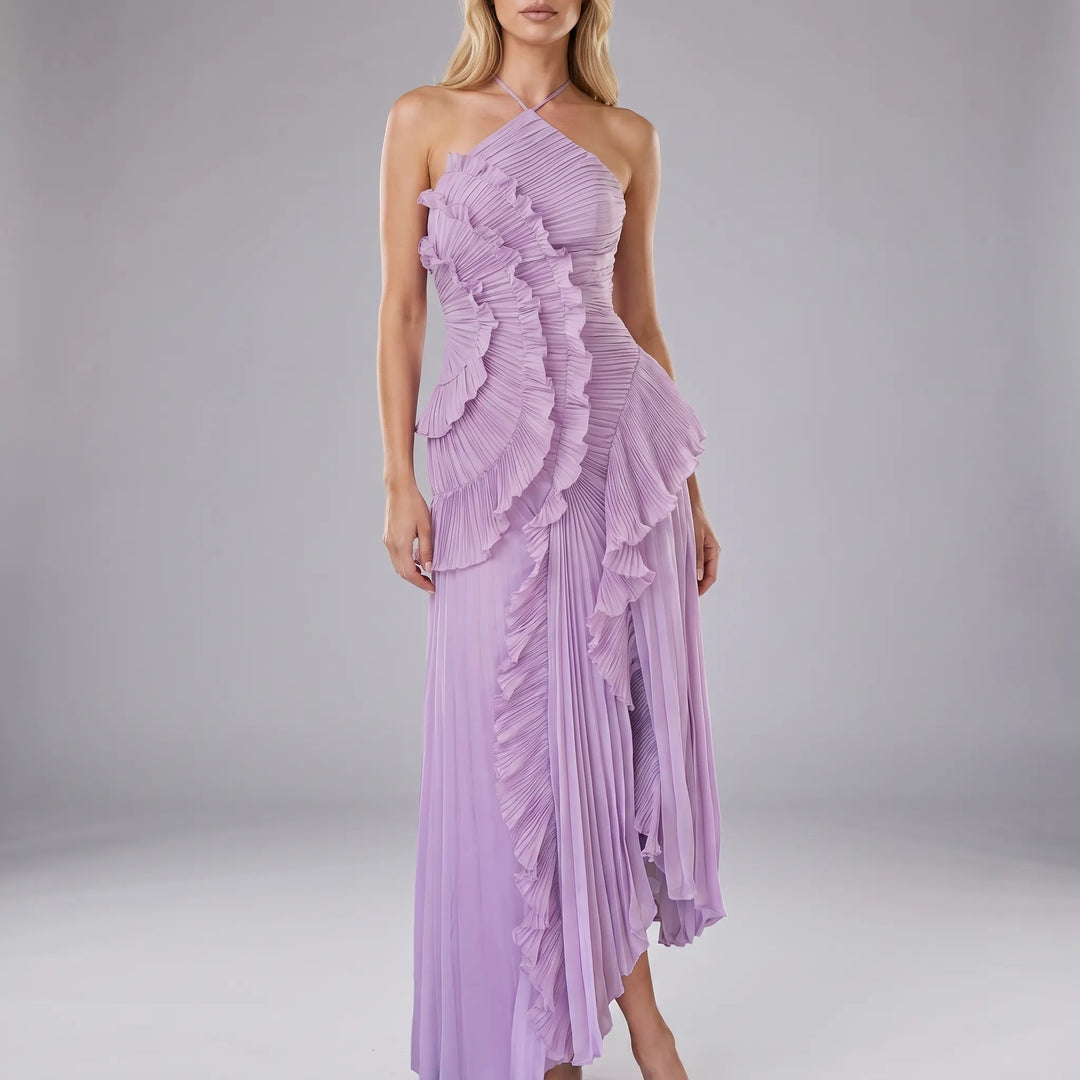 Velurna - Halter Neck Pleated Midi Dress