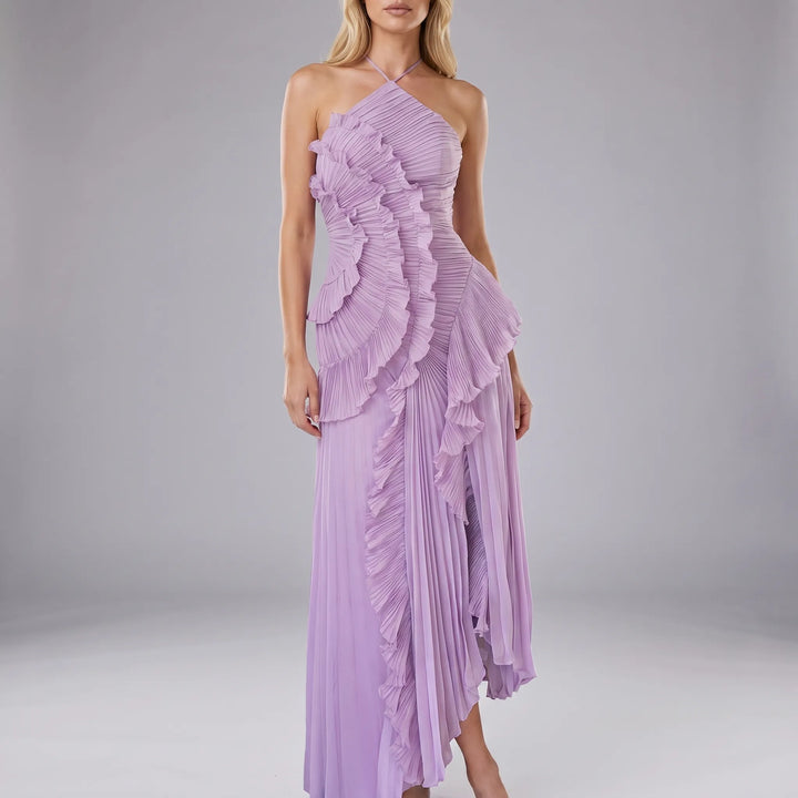 Velurna - Halter Neck Pleated Midi Dress