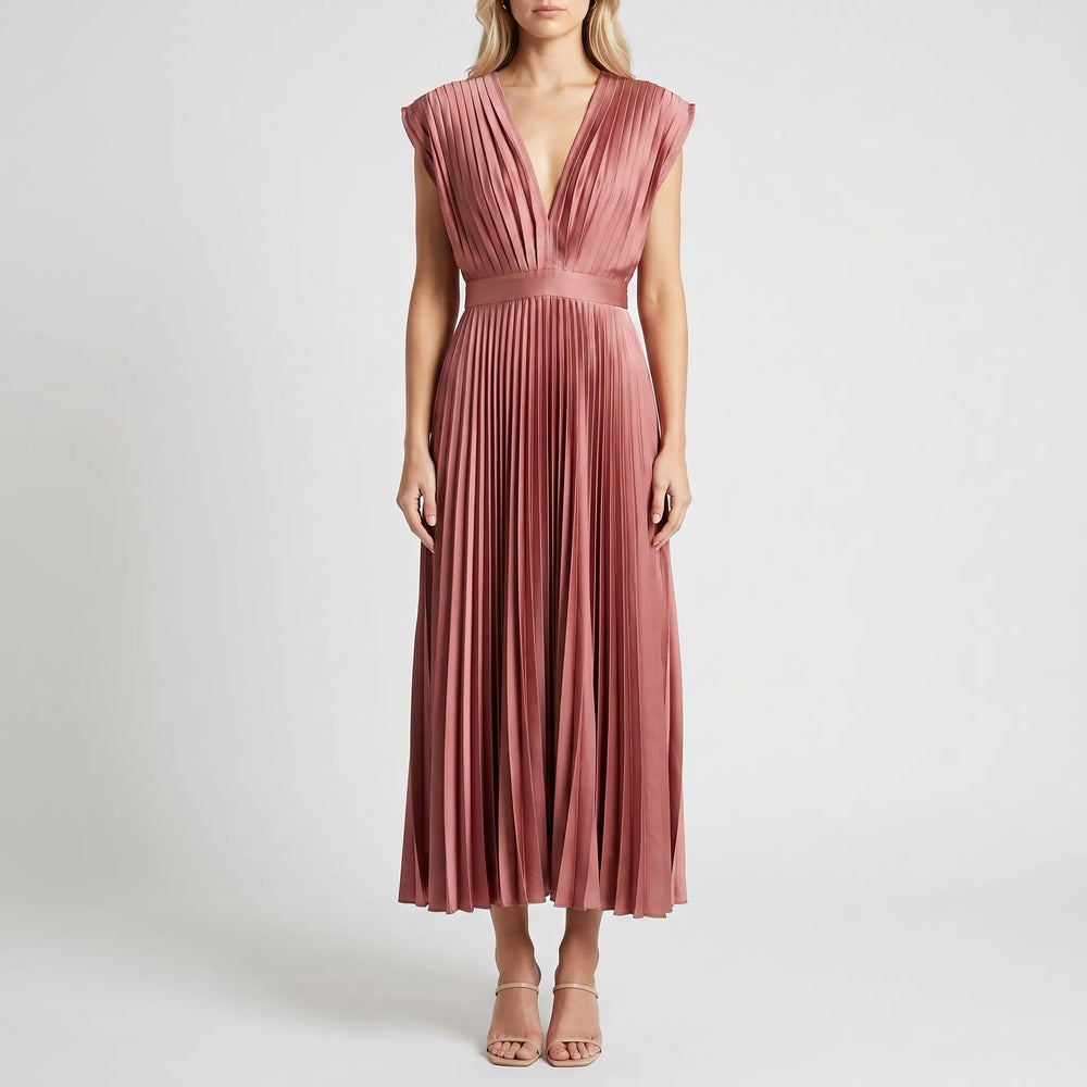 Velvara - Pleated V-Neck Maxi Dress