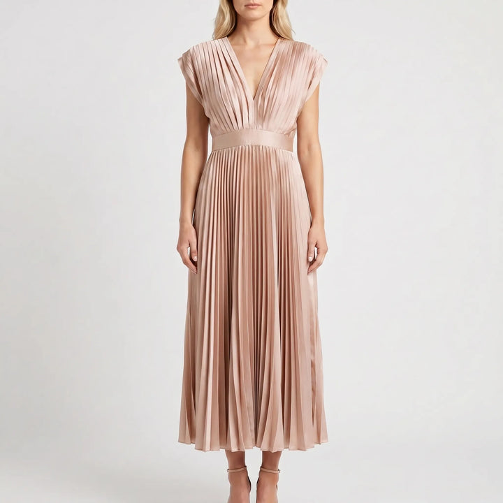 Velvara - Pleated V-Neck Maxi Dress