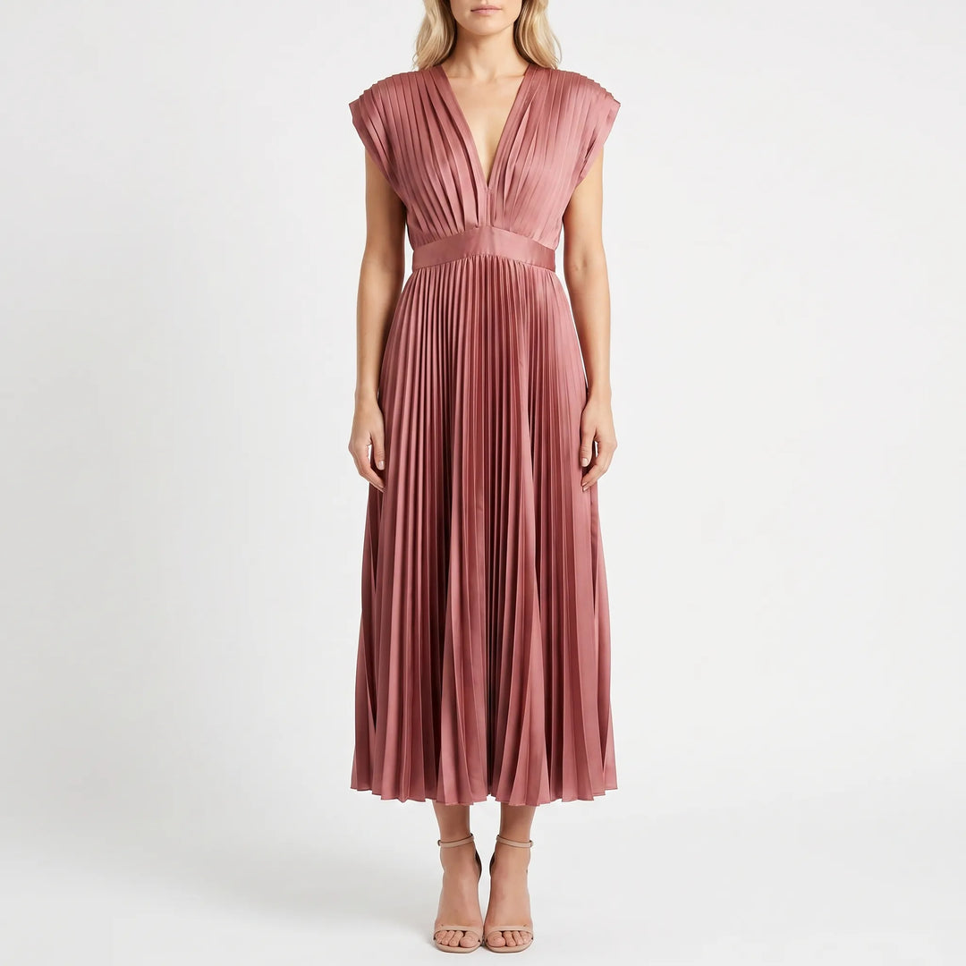 Velvara - Pleated V-Neck Midi Occasion Dress