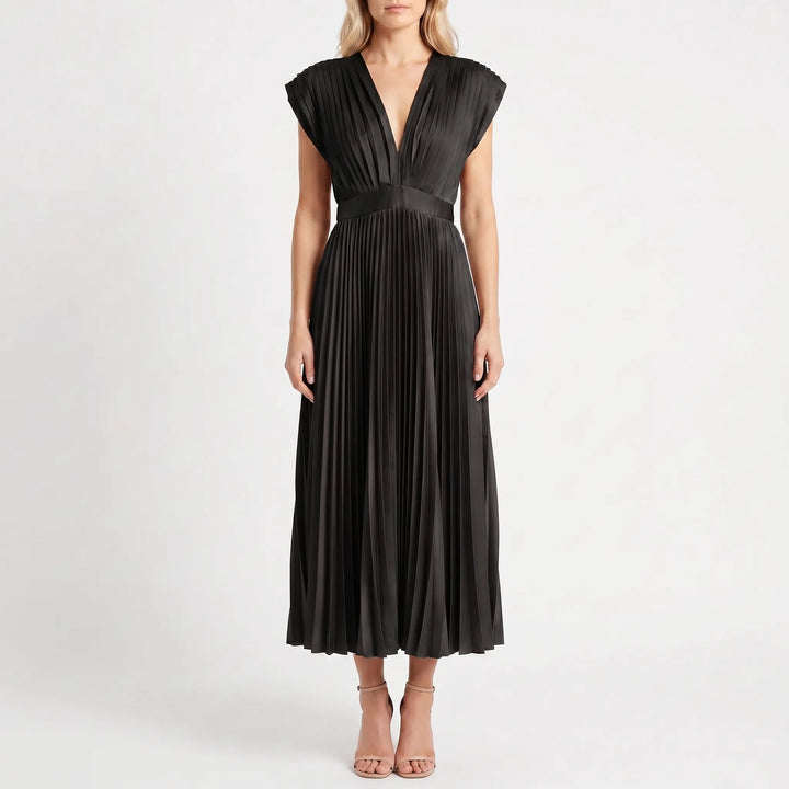 Velvara - Pleated V-Neck Midi Occasion Dress