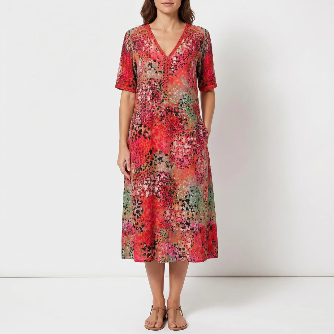 Vibrella - Printed V-Neck Midi Dress With Pockets