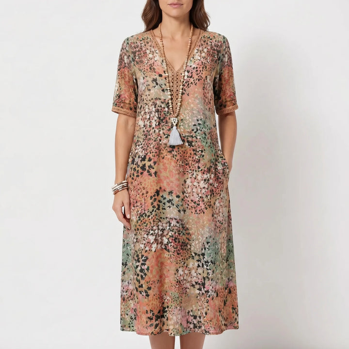 Vibrella - Printed V-Neck Midi Dress With Pockets