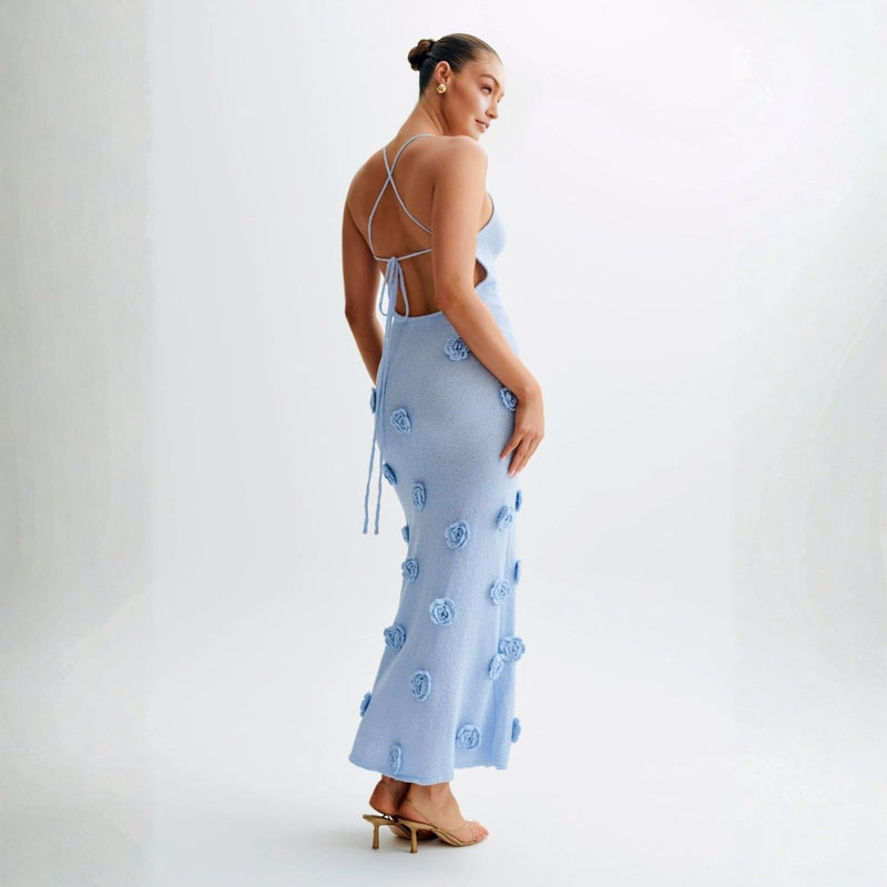 Women’s Knit Midi Dress with 3D Rosettes and Adjustable Back