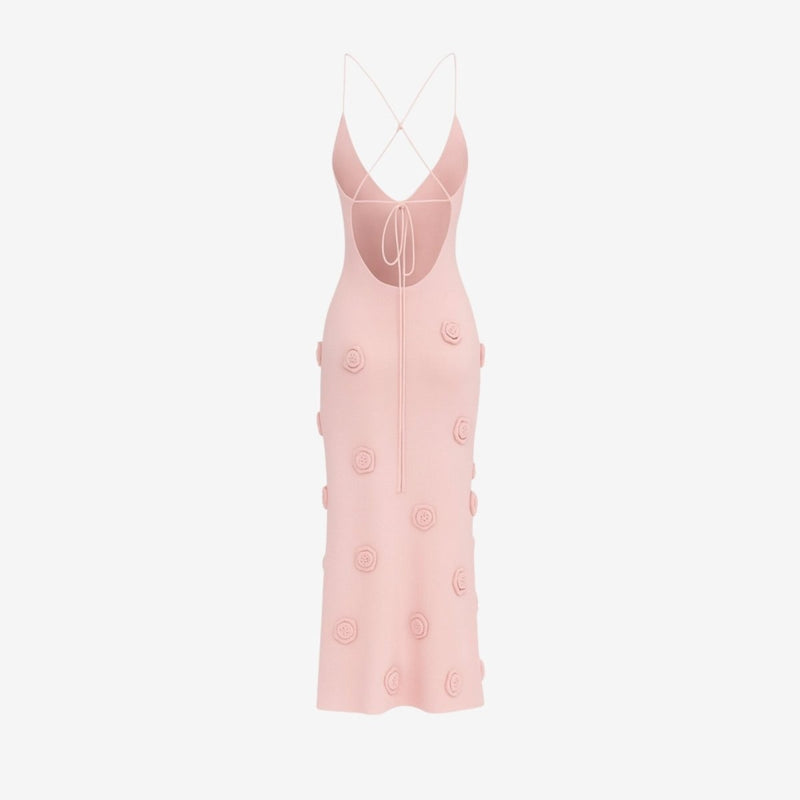 Women’s Knit Midi Dress with 3D Rosettes and Adjustable Back