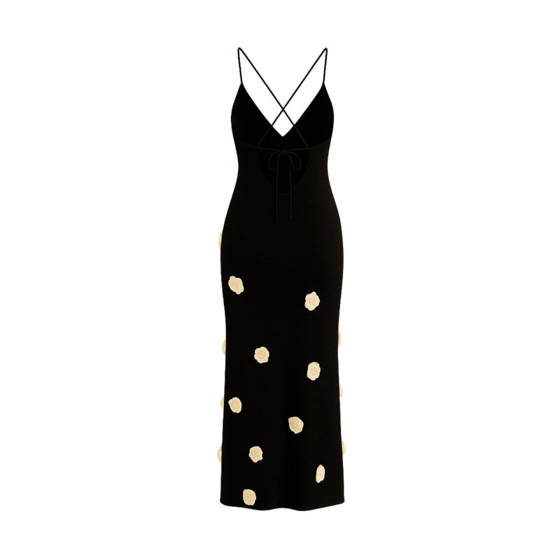 Women’s Knit Midi Dress with 3D Rosettes and Adjustable Back