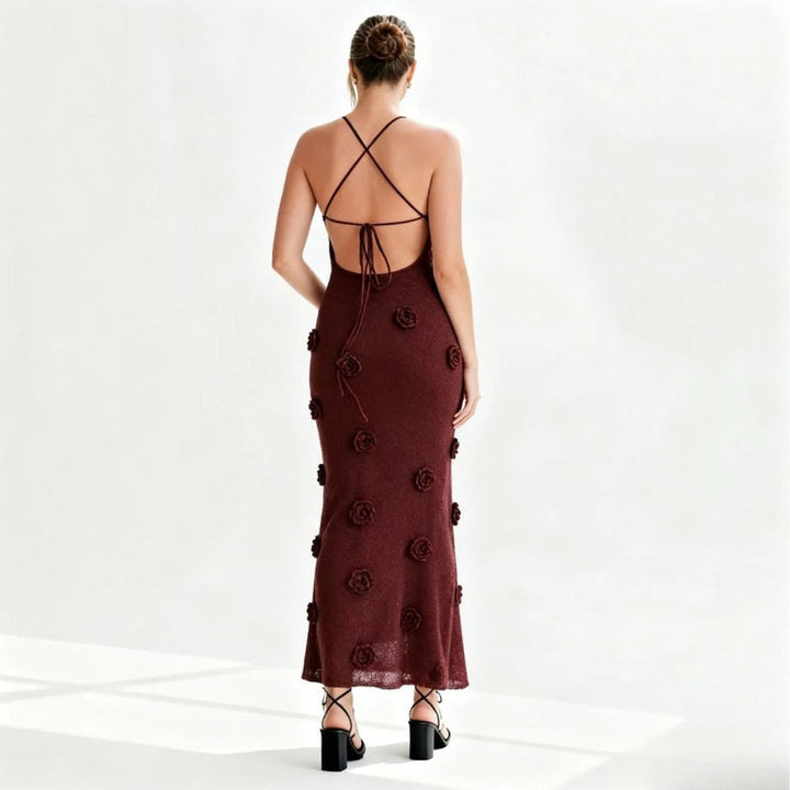Women’s Knit Midi Dress with 3D Rosettes and Adjustable Back