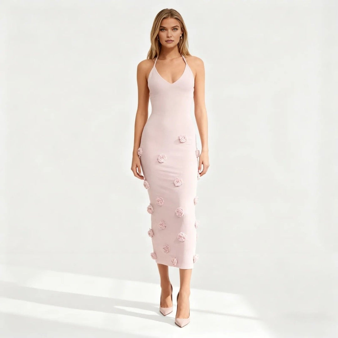 Women’s Knit Midi Dress with 3D Rosettes and Adjustable Back