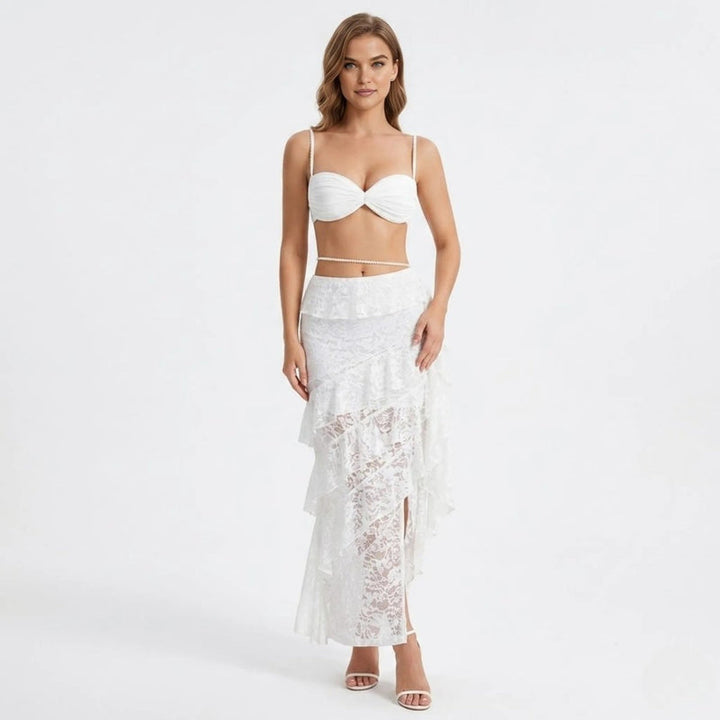 Women’s Lace Skirt Set with Tiered Ruffles and Structured Bustier