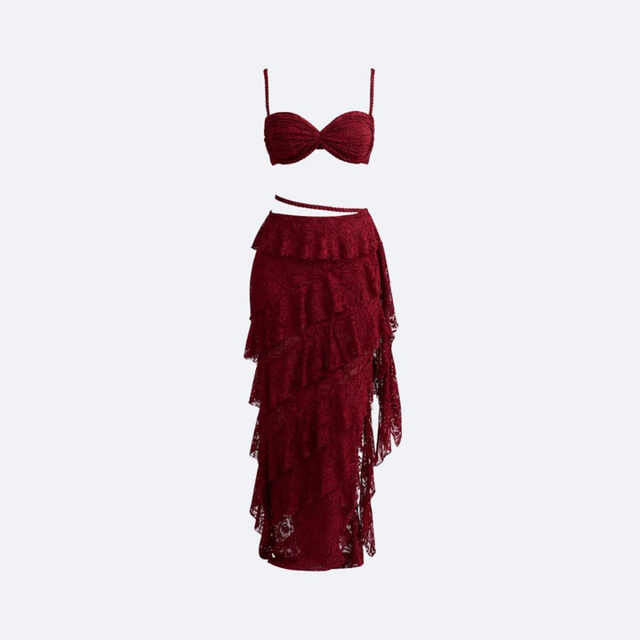 Women’s Lace Skirt Set with Tiered Ruffles and Structured Bustier
