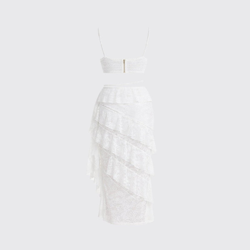Women’s Lace Skirt Set with Tiered Ruffles and Structured Bustier