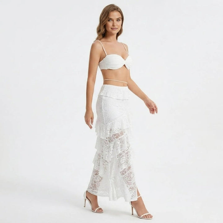 Women’s Lace Skirt Set with Tiered Ruffles and Structured Bustier