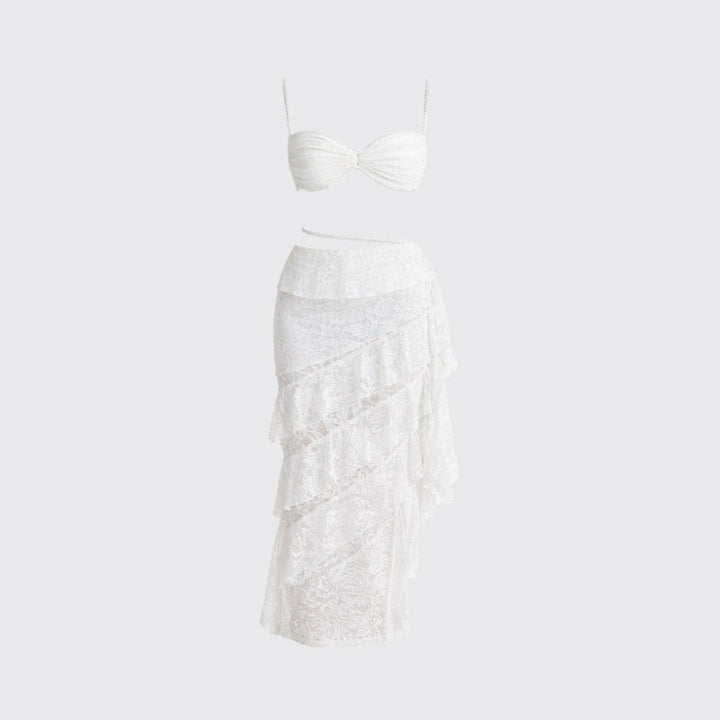 Women’s Lace Skirt Set with Tiered Ruffles and Structured Bustier