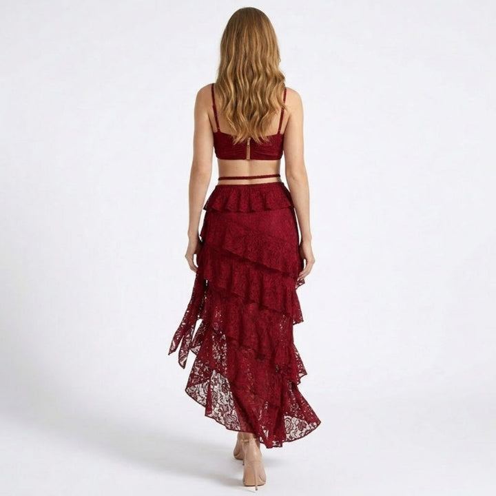 Women’s Lace Skirt Set with Tiered Ruffles and Structured Bustier