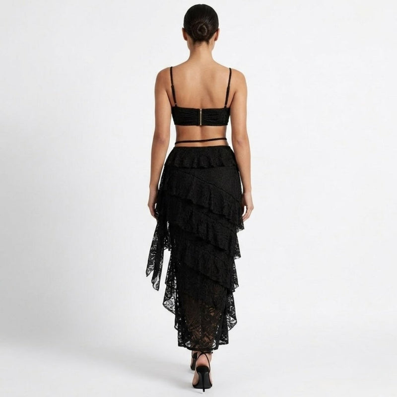 Women’s Lace Skirt Set with Tiered Ruffles and Structured Bustier